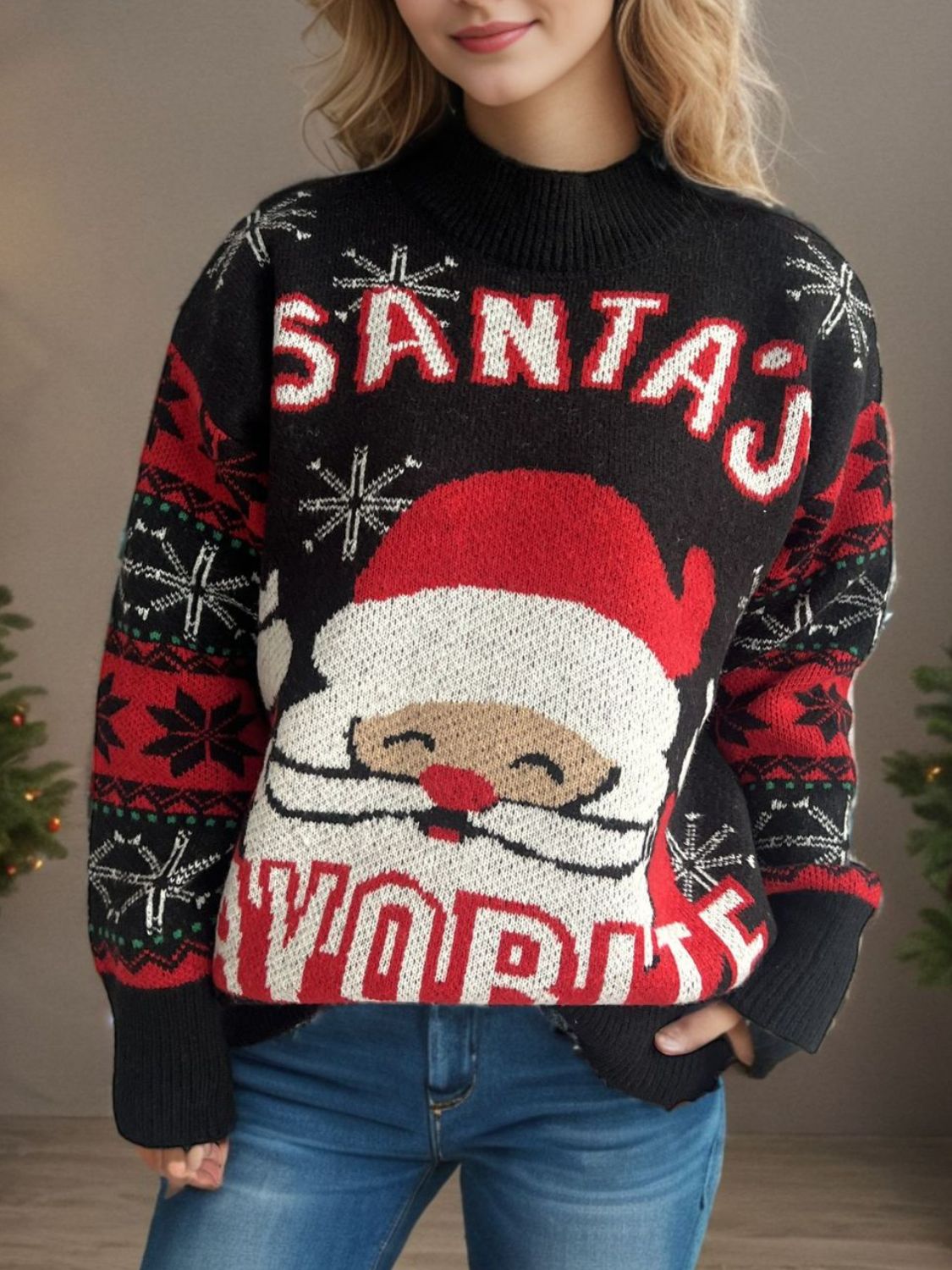 Santa's Favorite Mock Neck Long Sleeve Sweater