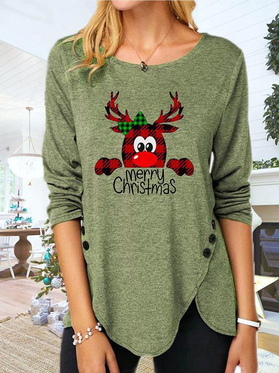 Full Size Reindeer MERRY CHRISTMAS Round Neck Long Sleeve T-Shirt