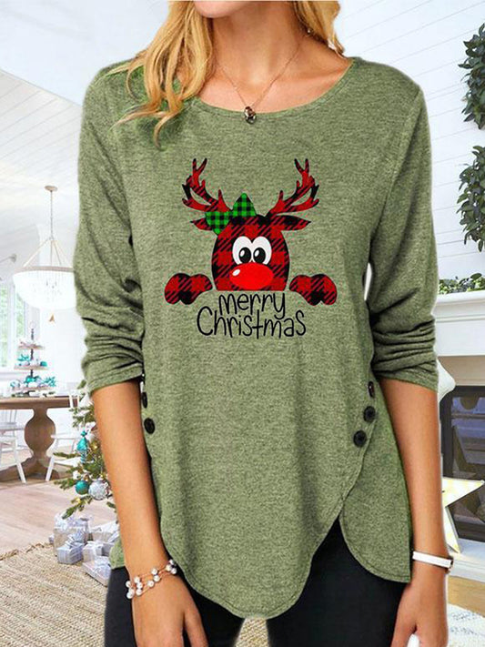Full Size Reindeer MERRY CHRISTMAS Round Neck Long Sleeve T-Shirt