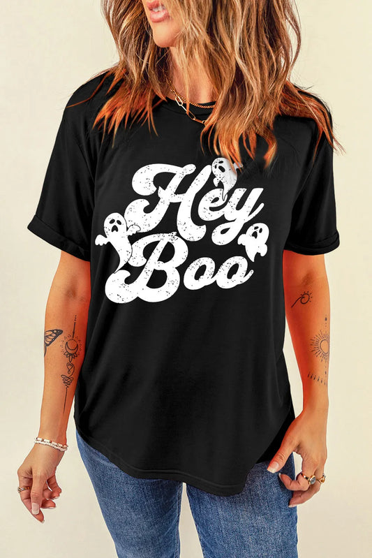 HEY BOO Letter Graphic Round Neck Short Sleeve T-Shirt