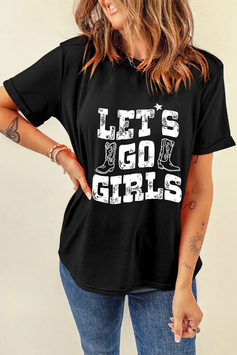 LET'S GO GIRLS Letter Graphic Round Neck Short Sleeve T-Shirt