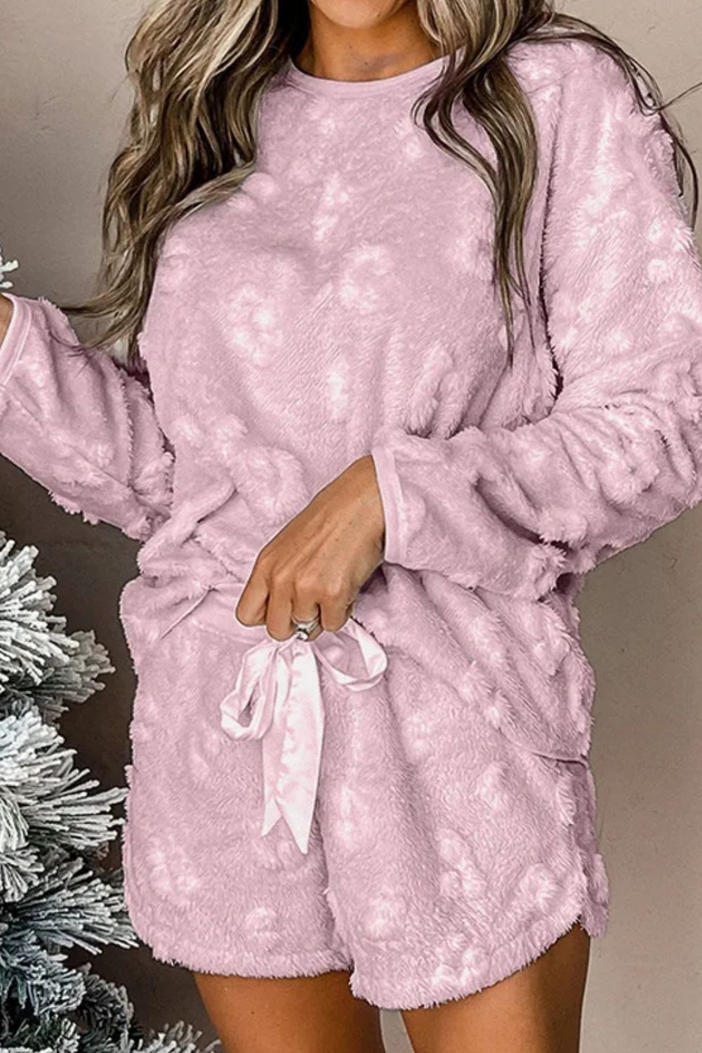 Round Neck Long Sleeve Top and Shorts Lounge Set