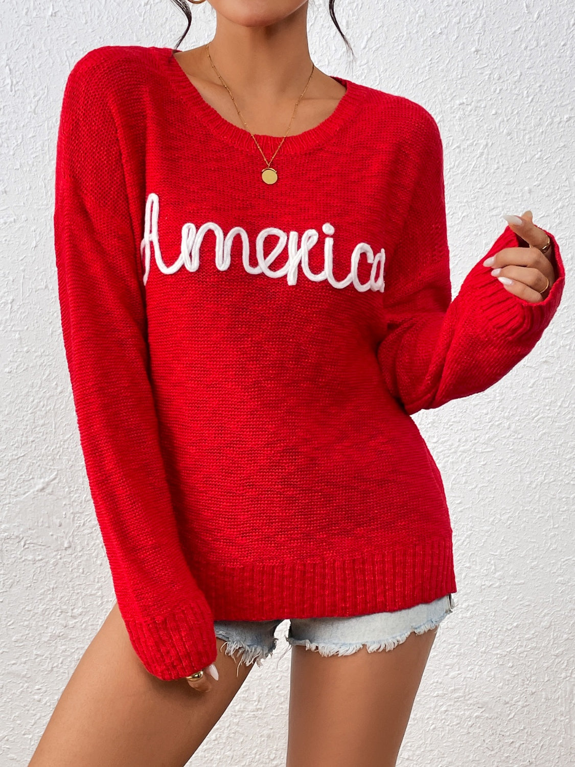 AMERICA Letter Round Neck Long Sleeve Sweater