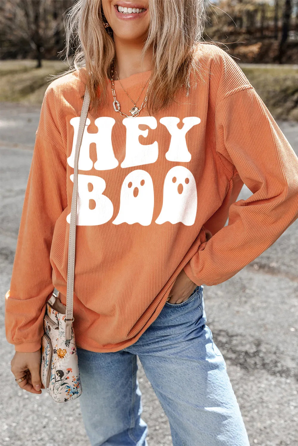 HEY BOO Letter Graphic Round Neck Long Sleeve Sweatshirt