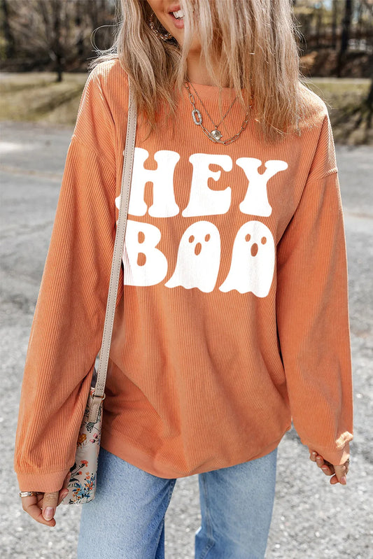 HEY BOO Letter Graphic Round Neck Long Sleeve Sweatshirt