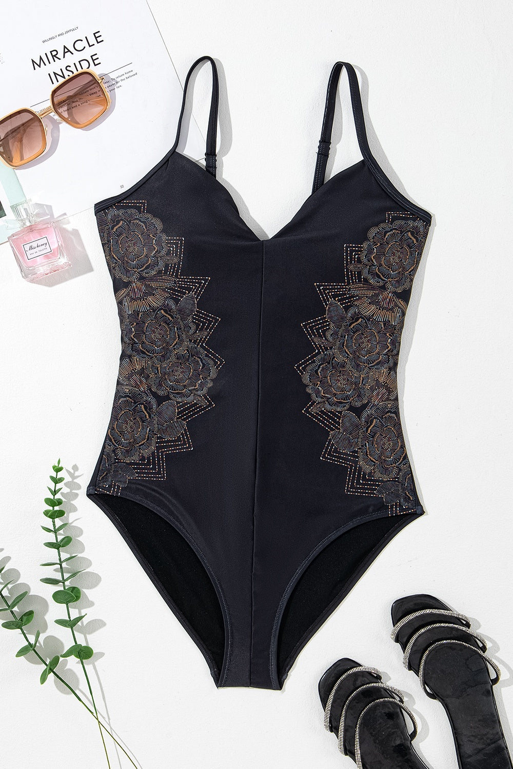 Embroidered V-Neck One-Piece Swimwear