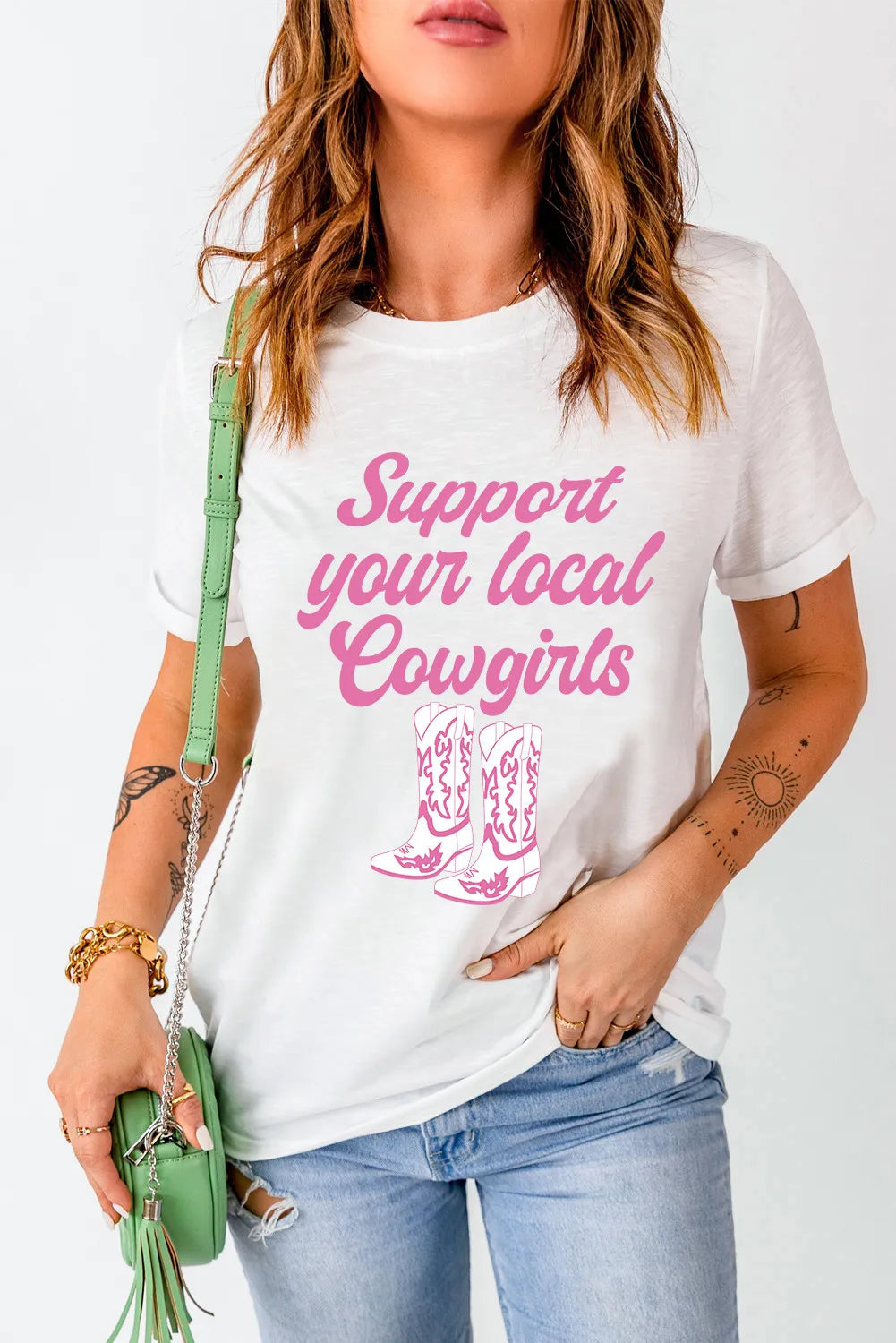 SUPPORT YOUR LOCAL COWGIRLS Letter Graphic Round Neck Short Sleeve T-Shirt