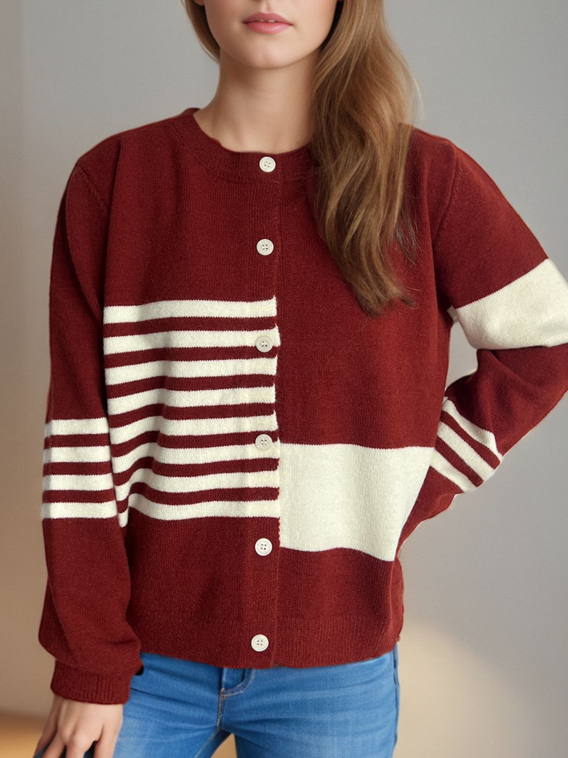 Striped Color Block Round Neck Cardigan