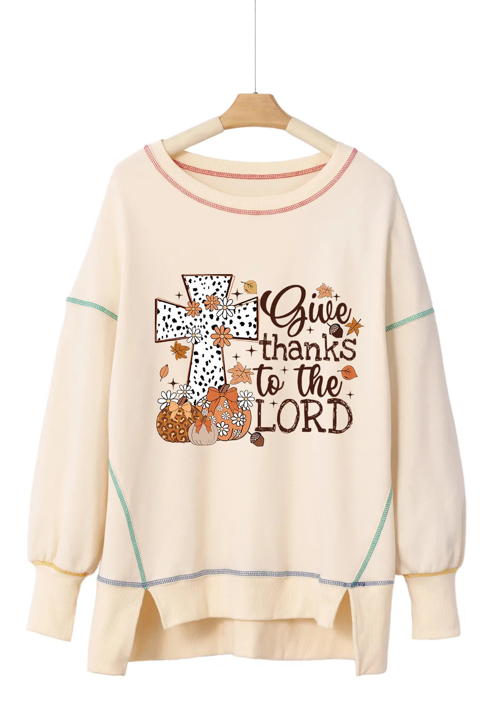 GIVING THANKS TO THE LORD High-Low Contrast Stitching Round Neck Sweatshirt