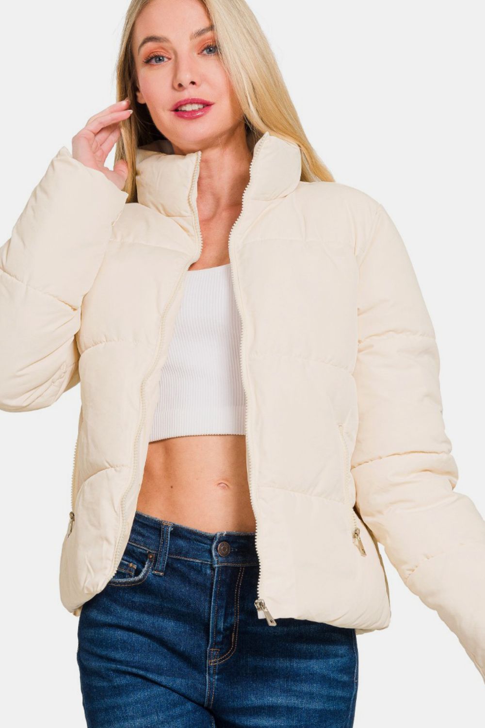 Zenana Zip Up Turtleneck Puffer Jacket with Pockets