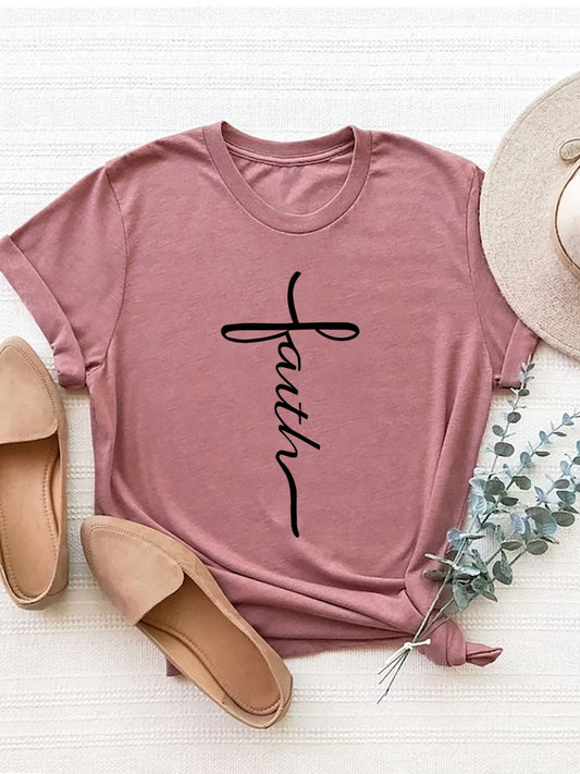 FAITH Cross Letter Graphic Round Neck Short Sleeve T-Shirt