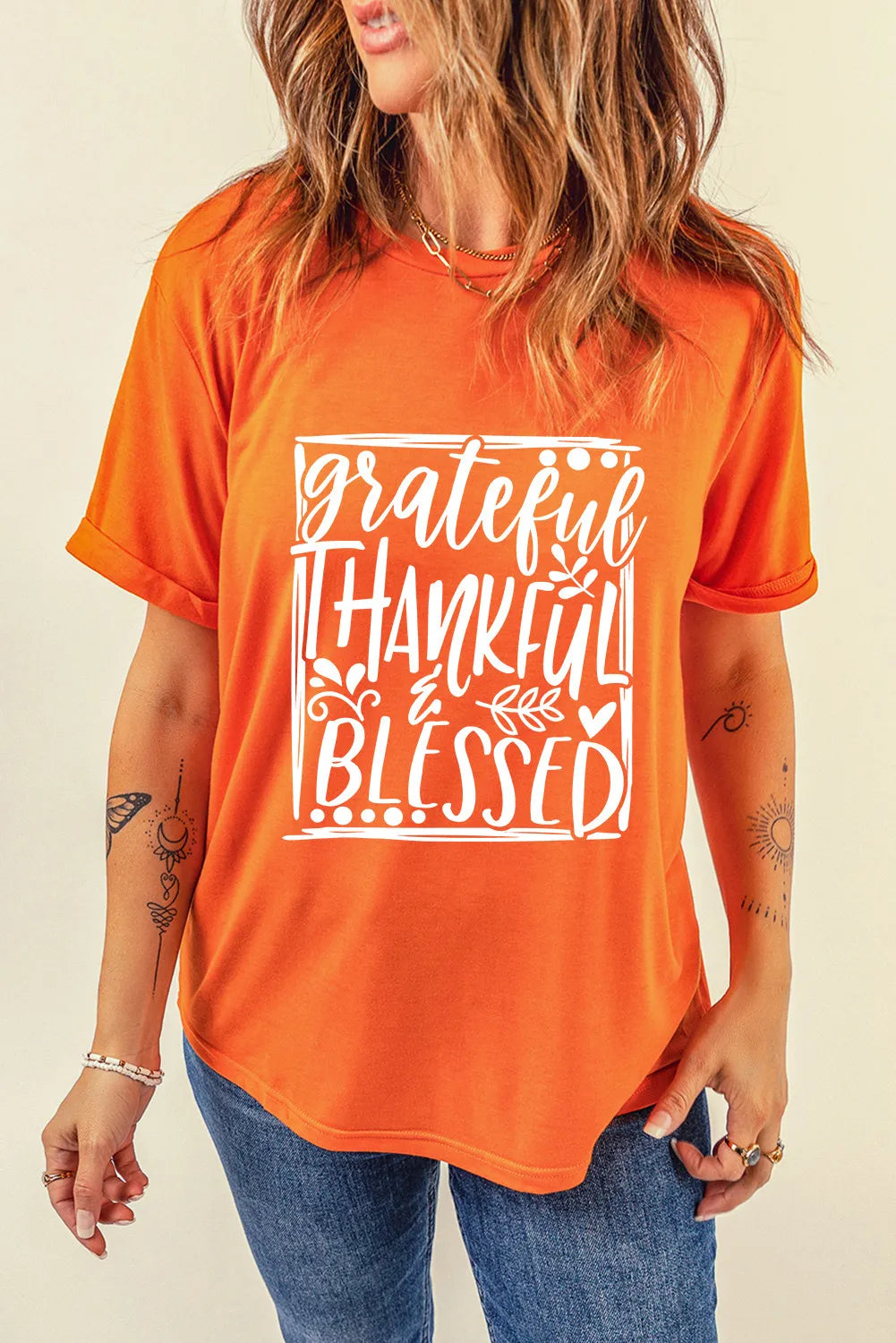 GRATEFUL THANKFUL BLESSED Letter Graphic Round Neck Short Sleeve T-Shirt