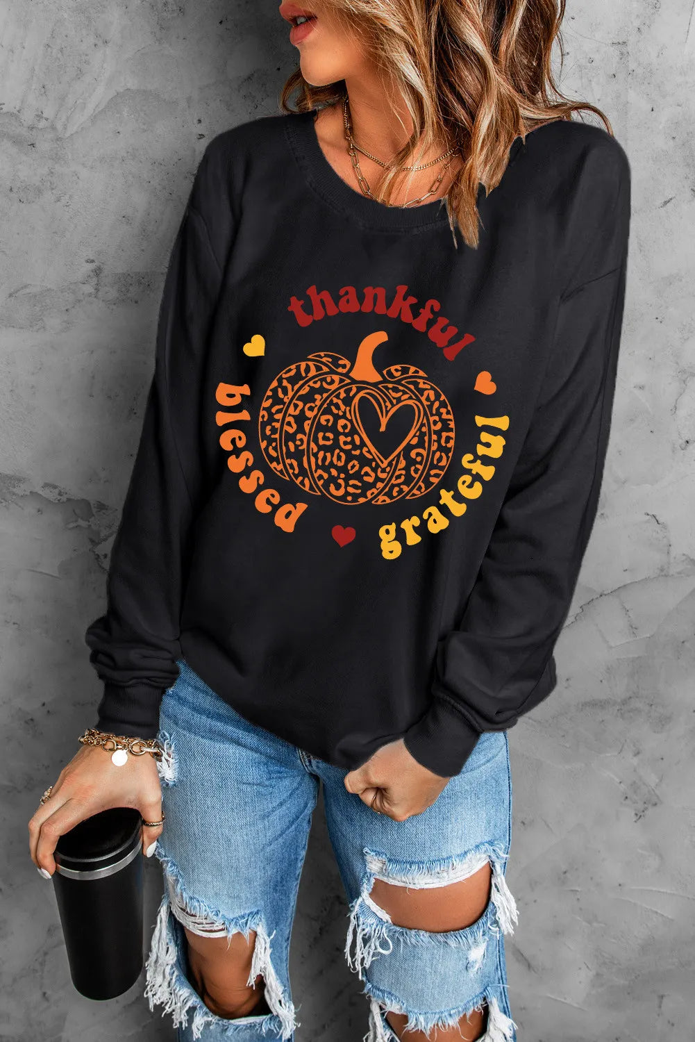 THANKFUL GRATEFUL BLESSED Pumpkin Graphic Long Sleeve Sweatshirt