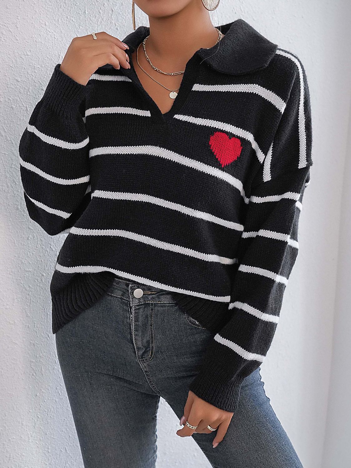 Heart Striped Johnny Collar Long Sleeve Sweater