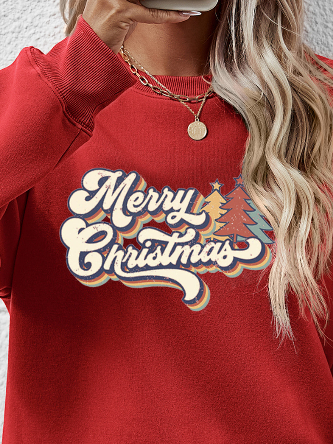 Merry Christmas Letter Graphic Round Neck Sweatshirt