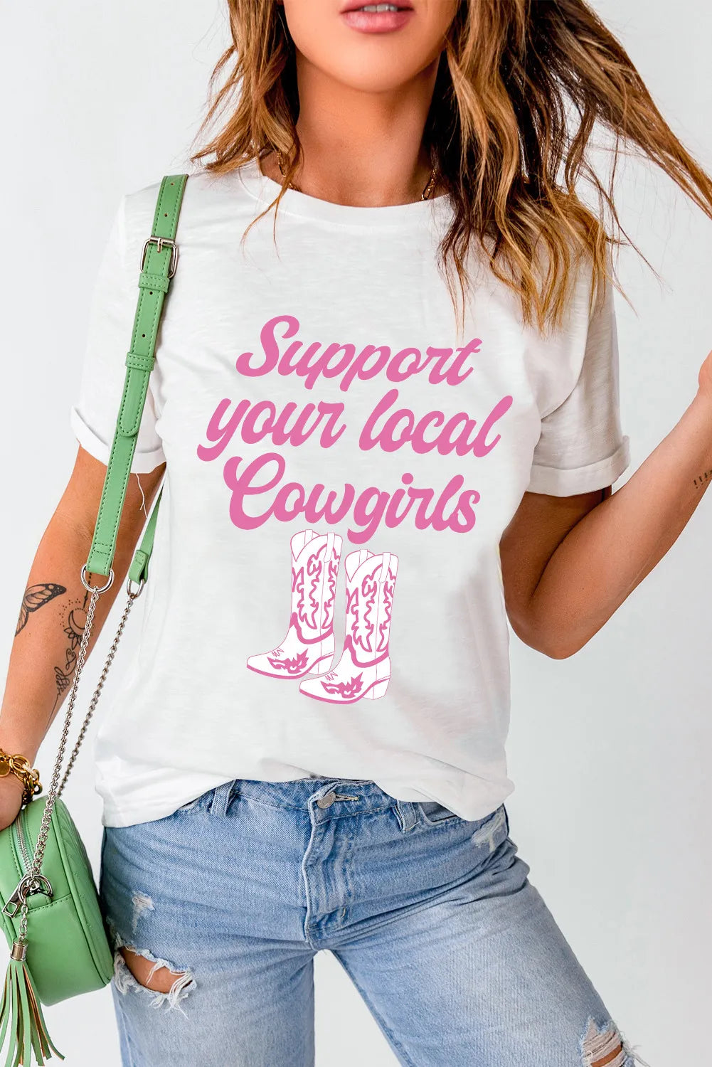 SUPPORT YOUR LOCAL COWGIRLS Letter Graphic Round Neck Short Sleeve T-Shirt