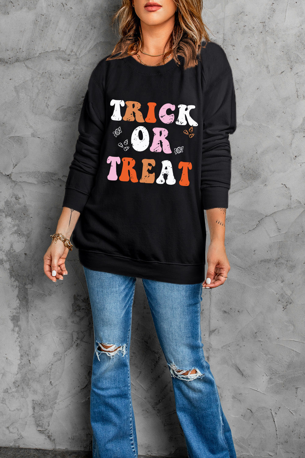 TRICK OR TREAT Letter Graphic Round Neck Long Sleeve Sweatshirt