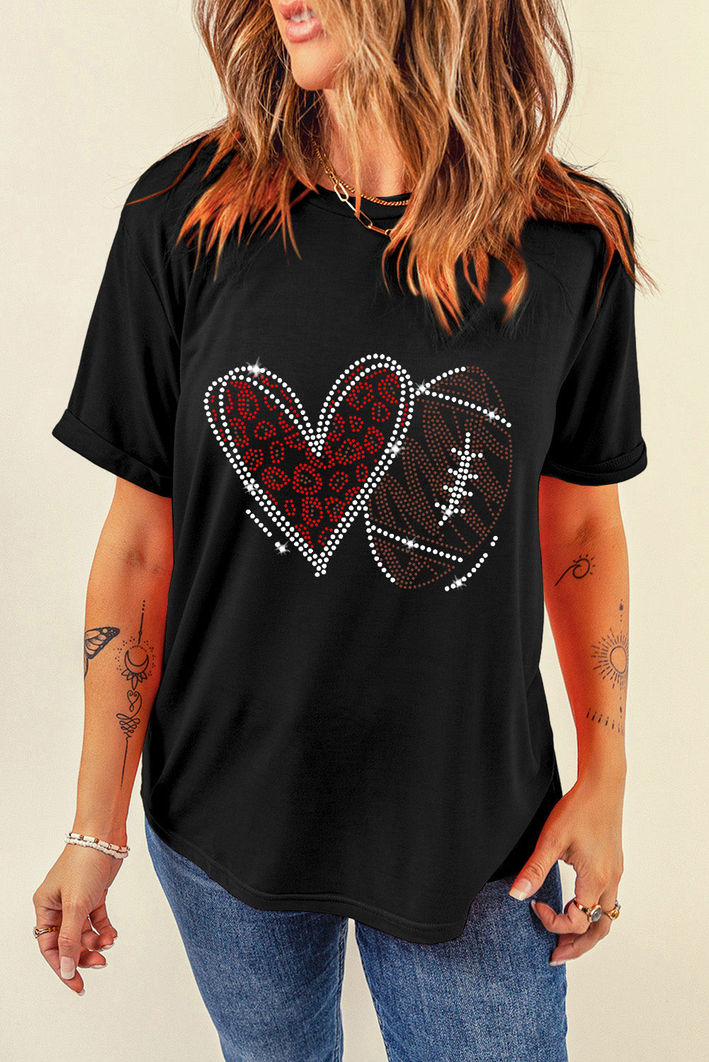 Rhinestone Heart Football Round Neck Short Sleeve T-Shirt