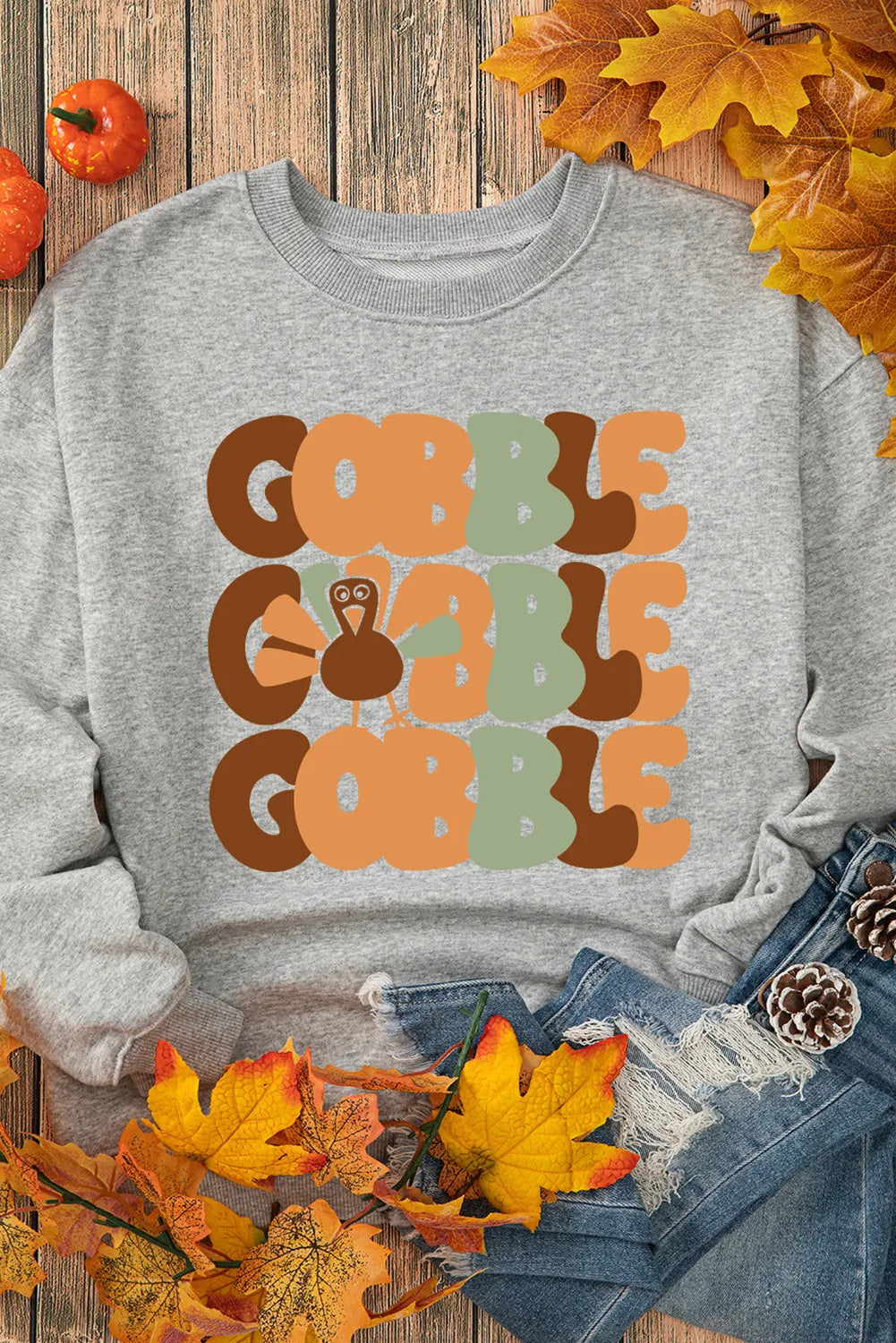 GOBBLE GOBBLE GOBBLE Letter Graphic Round Neck Long Sleeve Sweatshirt