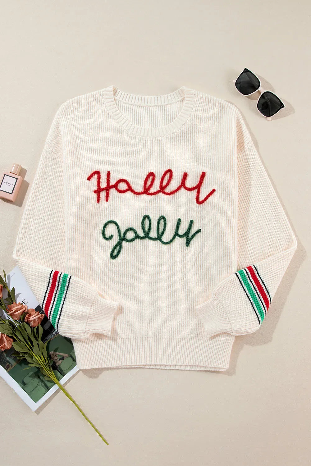 HOLLY JOLLY Letter Round Neck Long Sleeve Sweater