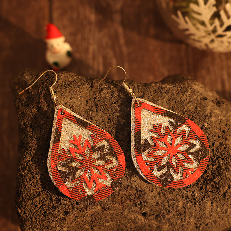 PU Leather Teardrop Shape Snowflake Earrings