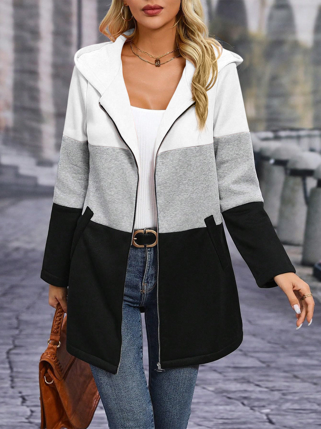 Color Block Zip Up Long Sleeve Hooded Outerwear