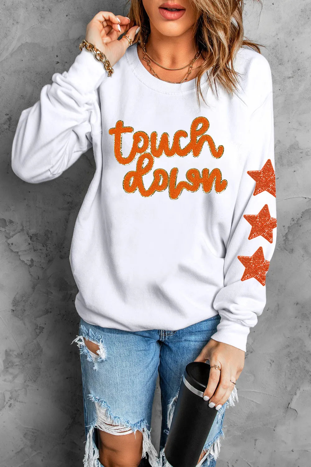 TOUCH DOWN Letter & Star Round Neck Long Sleeve Sweatshirt