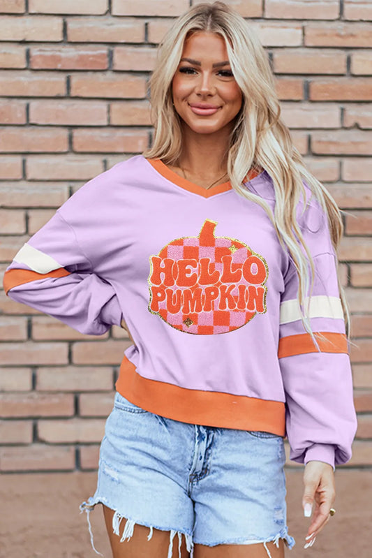 HELLO PUMPKIN Contrast V-Neck Long Sleeve Sweatshirt