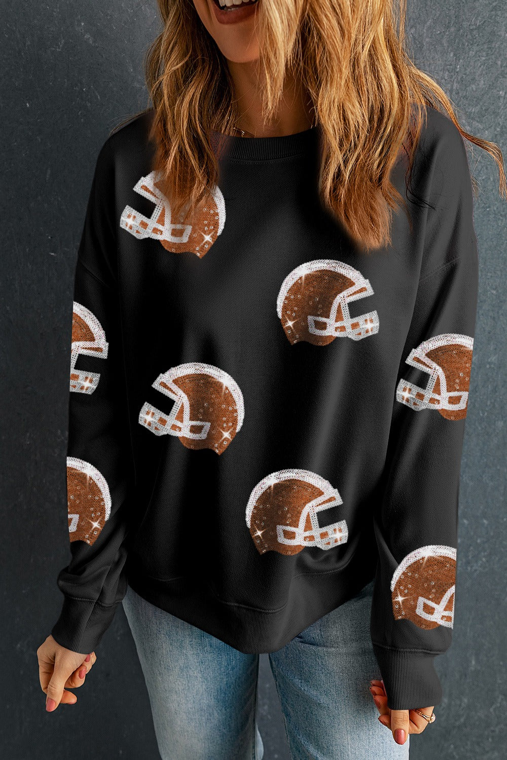 Sequin Football Helmets Round Neck Long Sleeve Sweatshirt