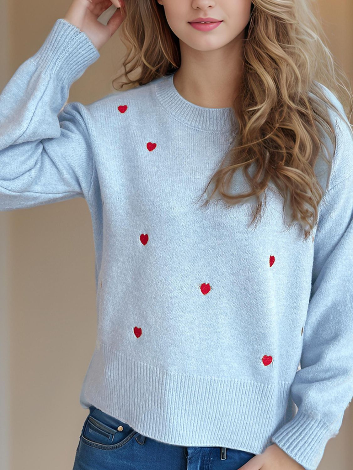 Heart Round Neck Long Sleeve Sweater