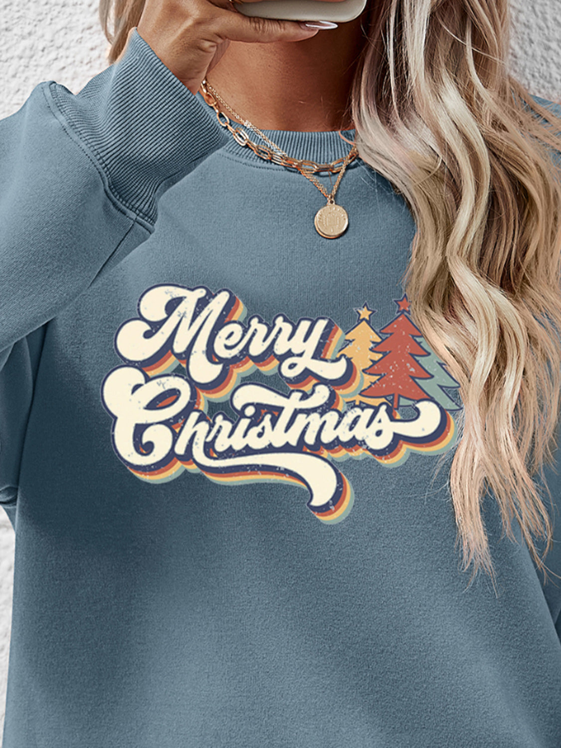 Merry Christmas Letter Graphic Round Neck Sweatshirt