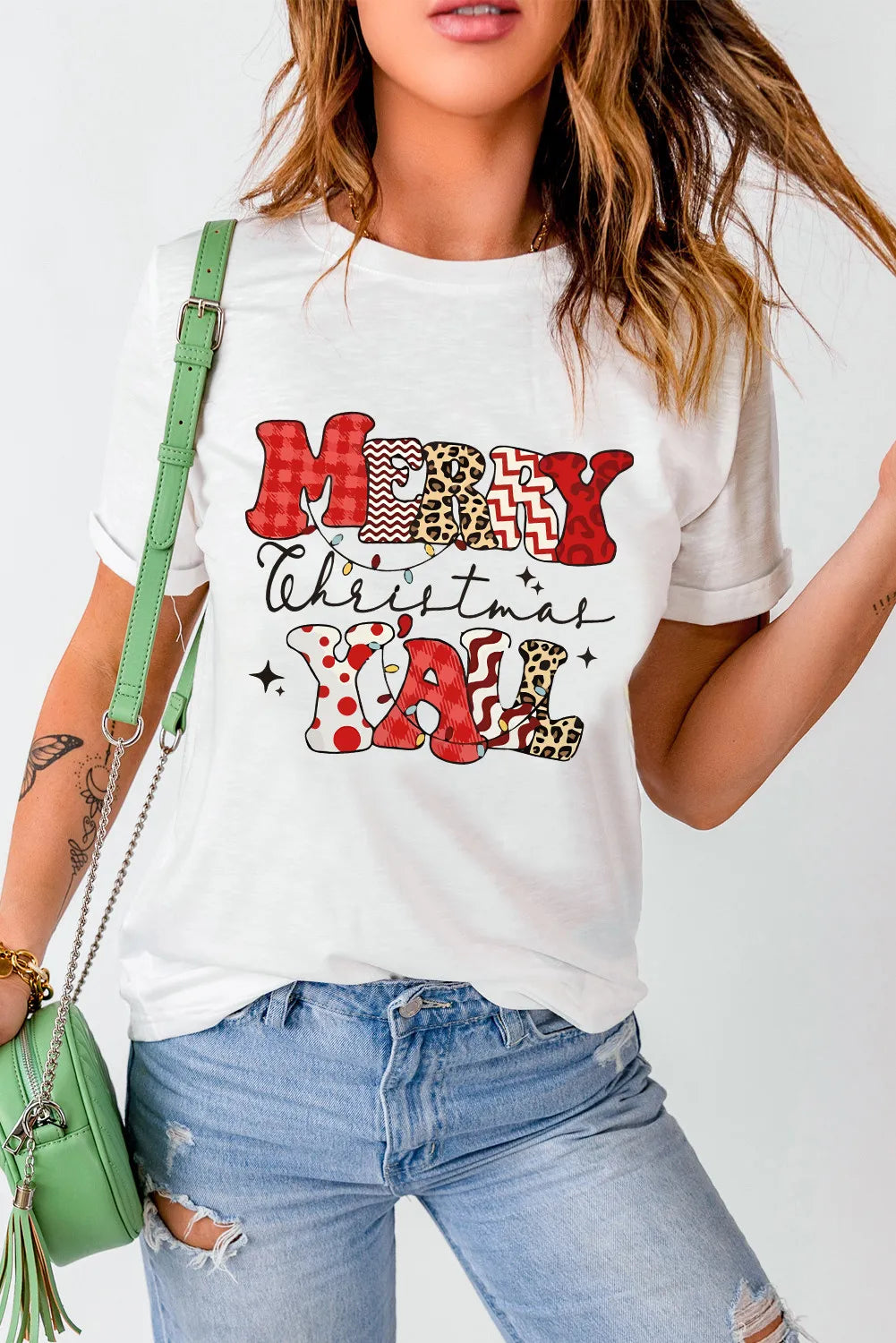 MERRY CHRISTMAS Y'ALL Letter Graphic Round Neck Short Sleeve T-Shirt