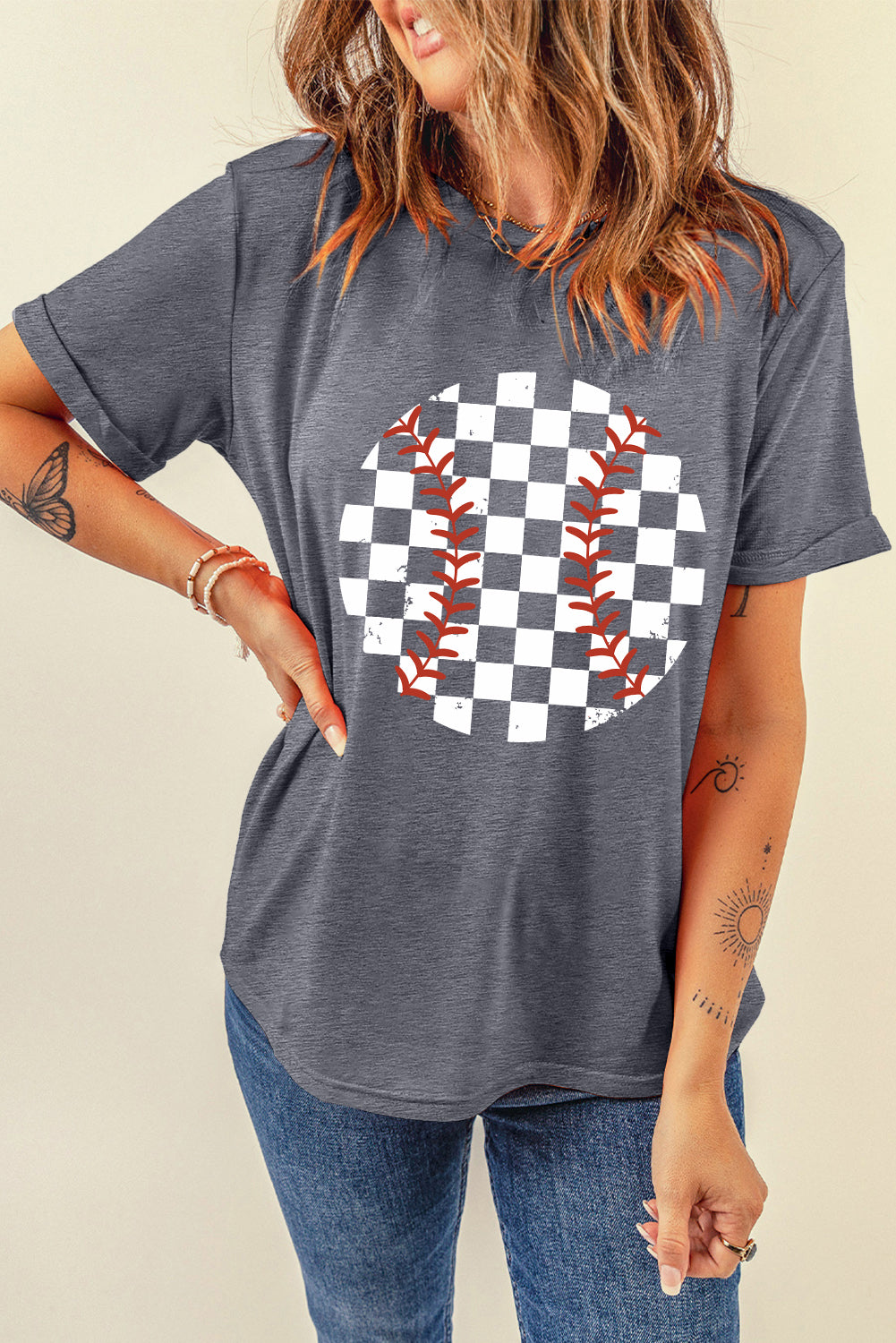 Baseball Softball Checkered Graphic Round Neck Short Sleeve T-Shirt