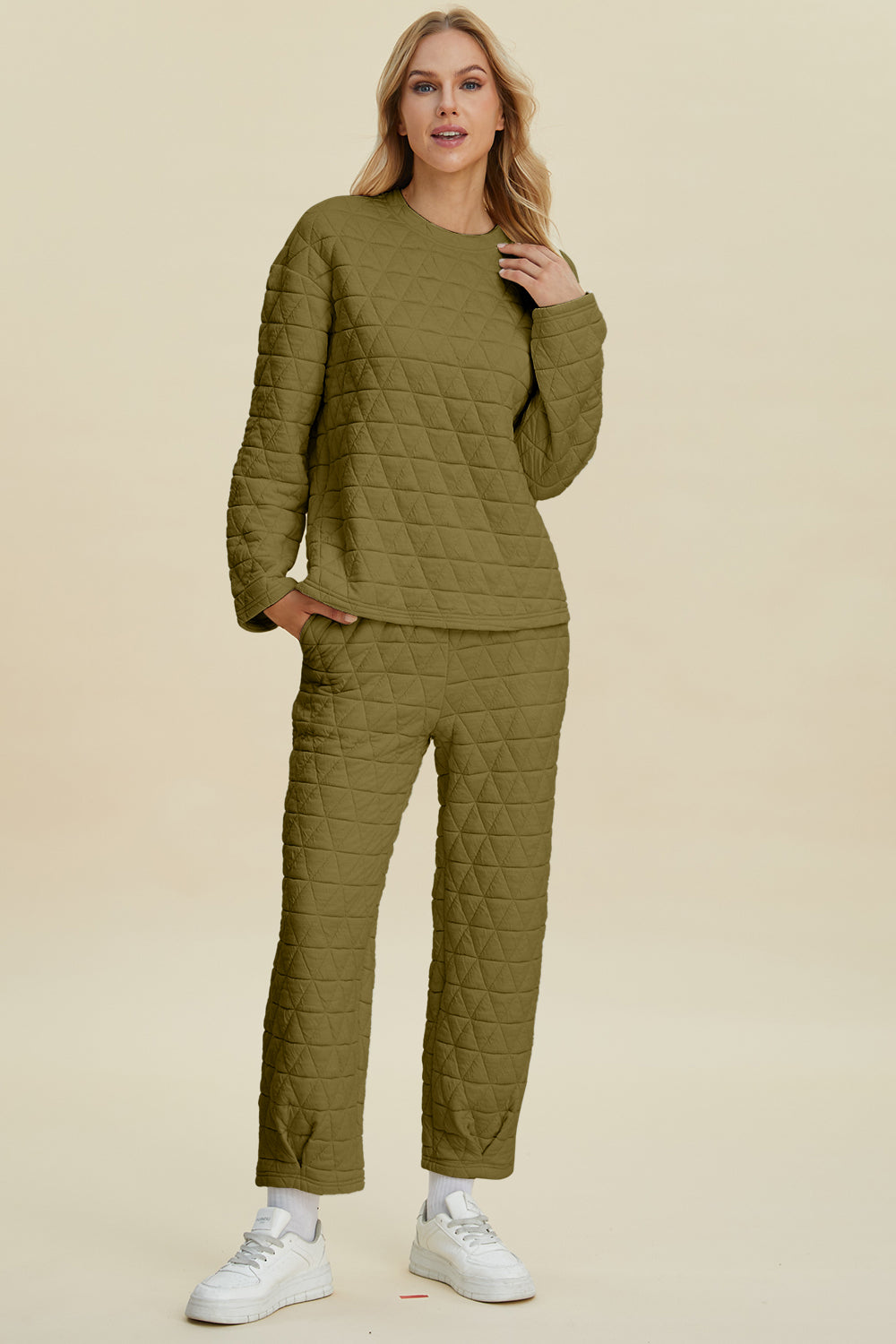 Double Take Full Size Texture Round Neck Long Sleeve Top and Pants Set