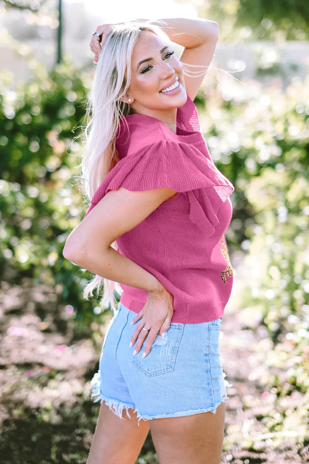 Cheetah Ruffled Round Neck Cap Sleeve Sweater