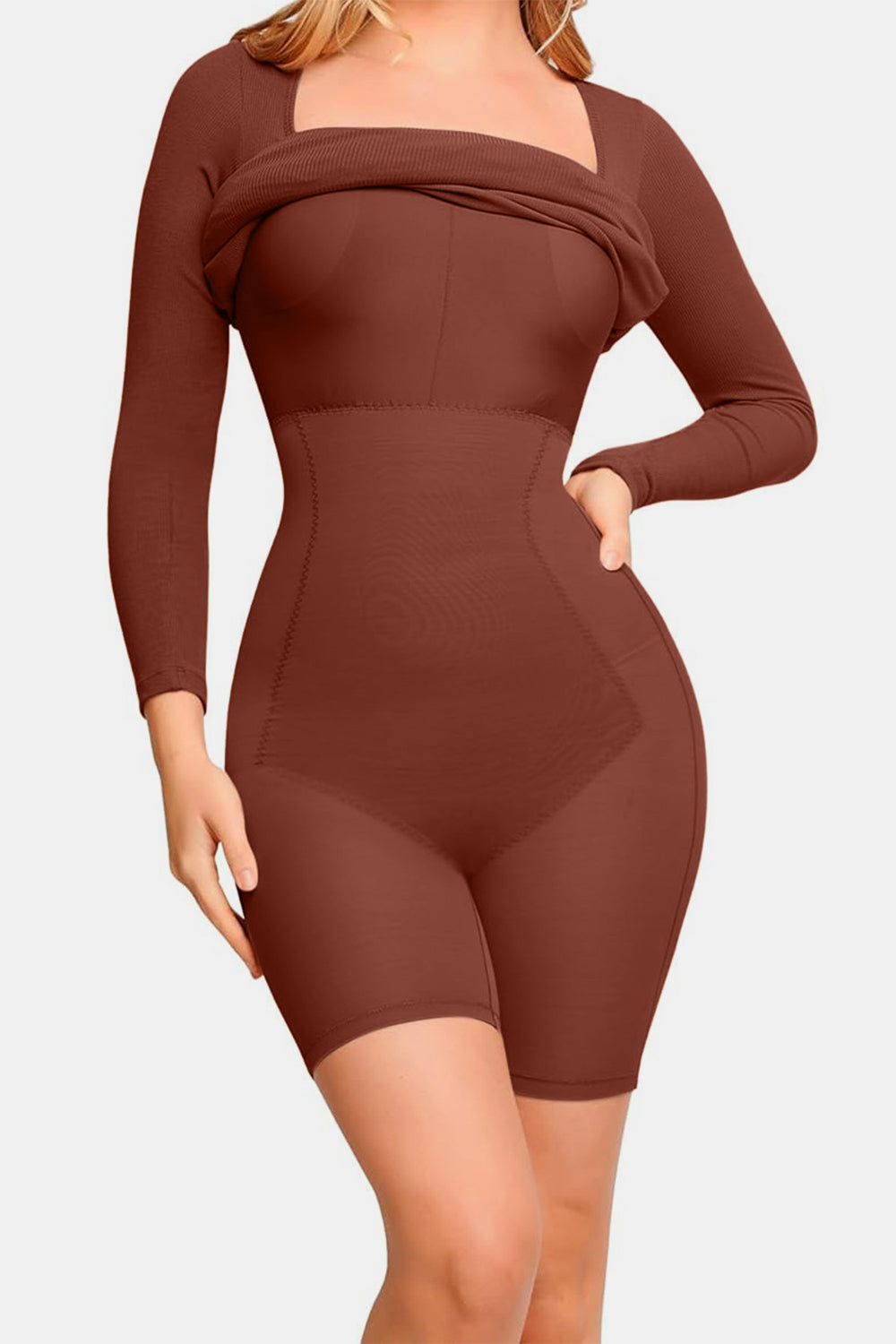 Basic Bae Full Size Built-In Shapewear Square Neck Long Sleeve Dress