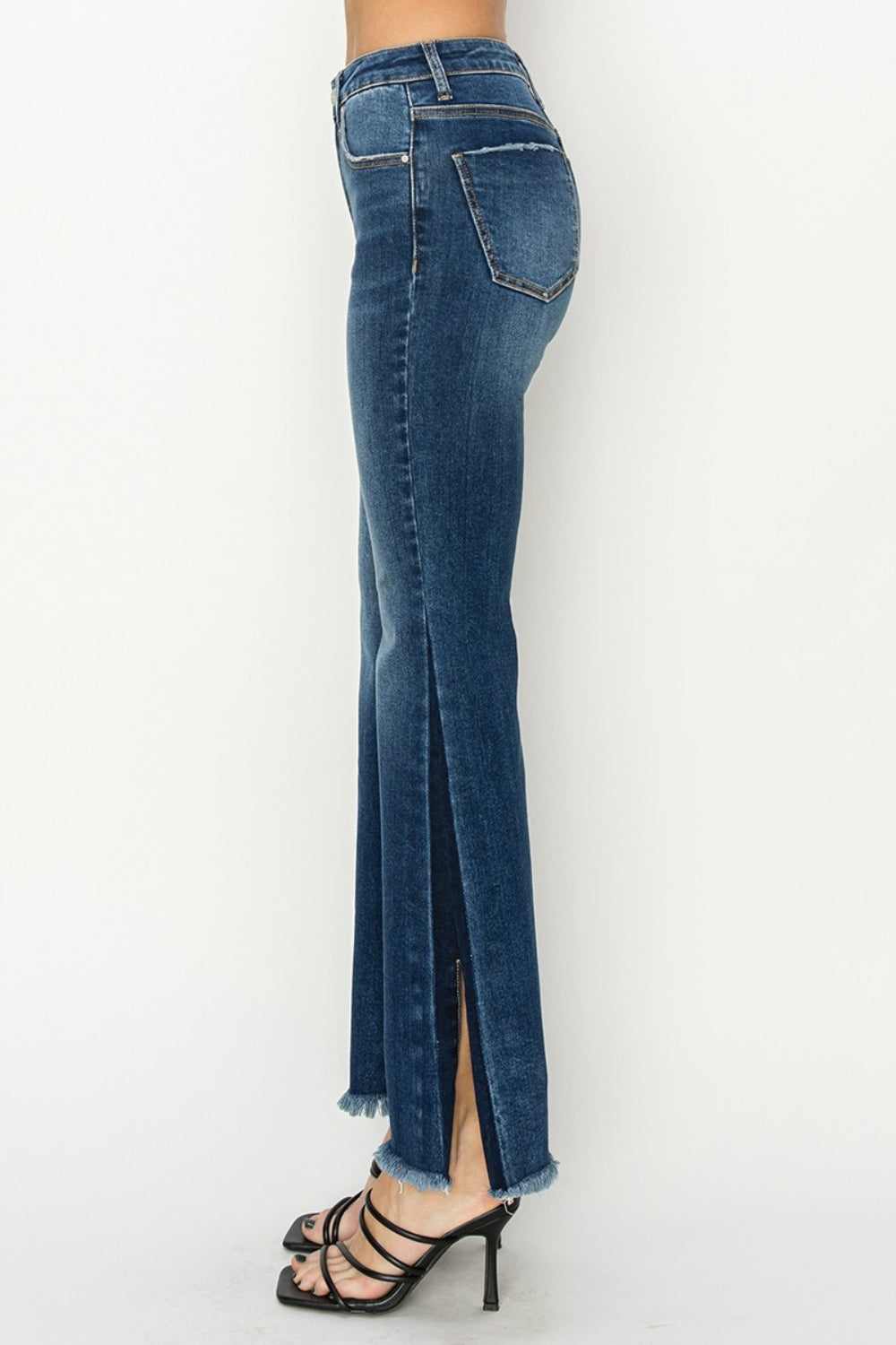 RISEN Full Size High Rise Side Shadow Seam Detail Slit Flare Jeans