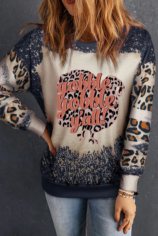 GOBBLE GOBBLE Y'ALL Leopard Round Neck Long Sleeve Sweatshirt