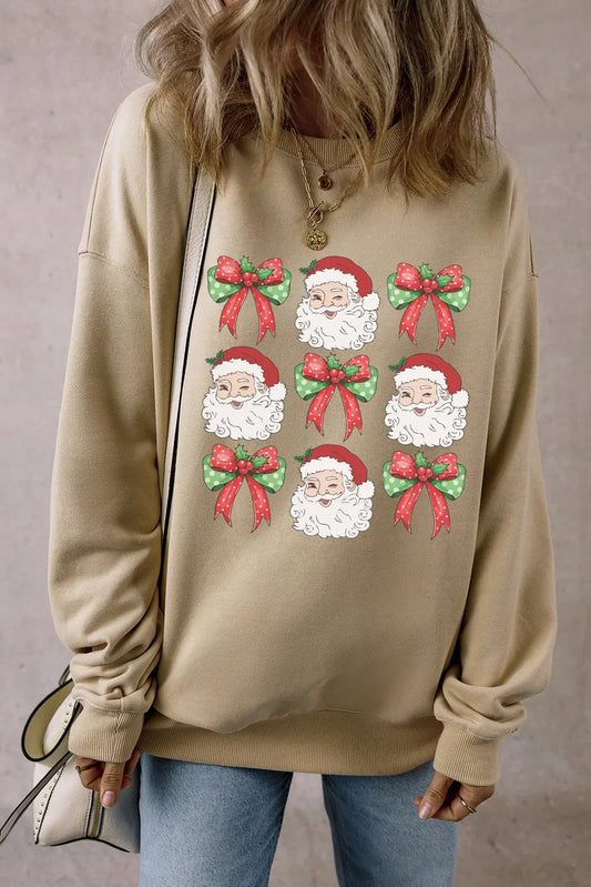 Santa Bow Graphic Round Neck Long Sleeve Sweatshirt