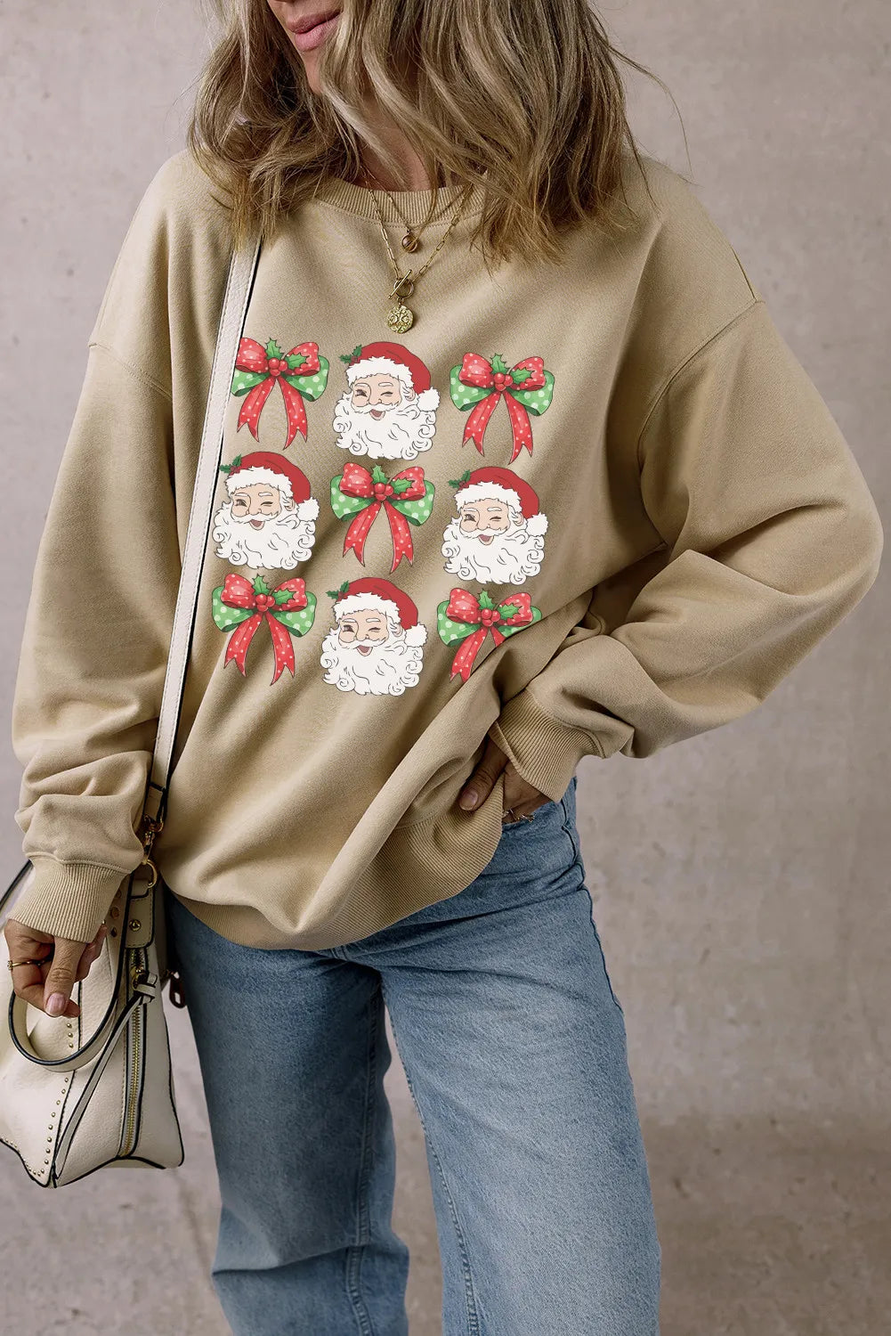 Santa Bow Graphic Round Neck Long Sleeve Sweatshirt