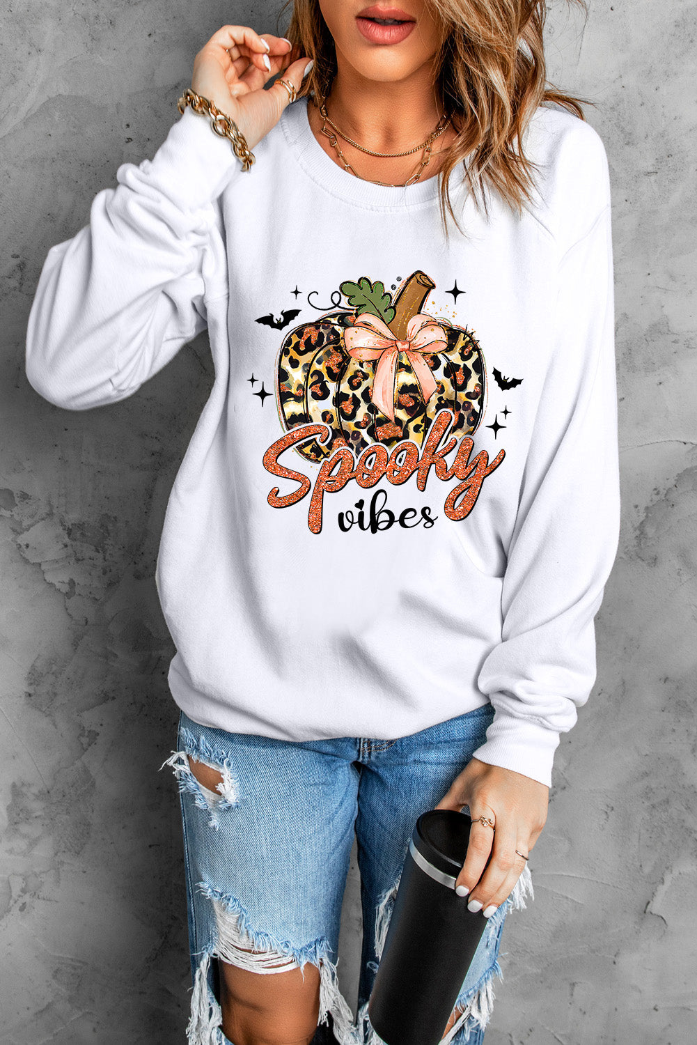 SPOOKY VIBES Graphic Round Neck Long Sleeve Sweatshirt