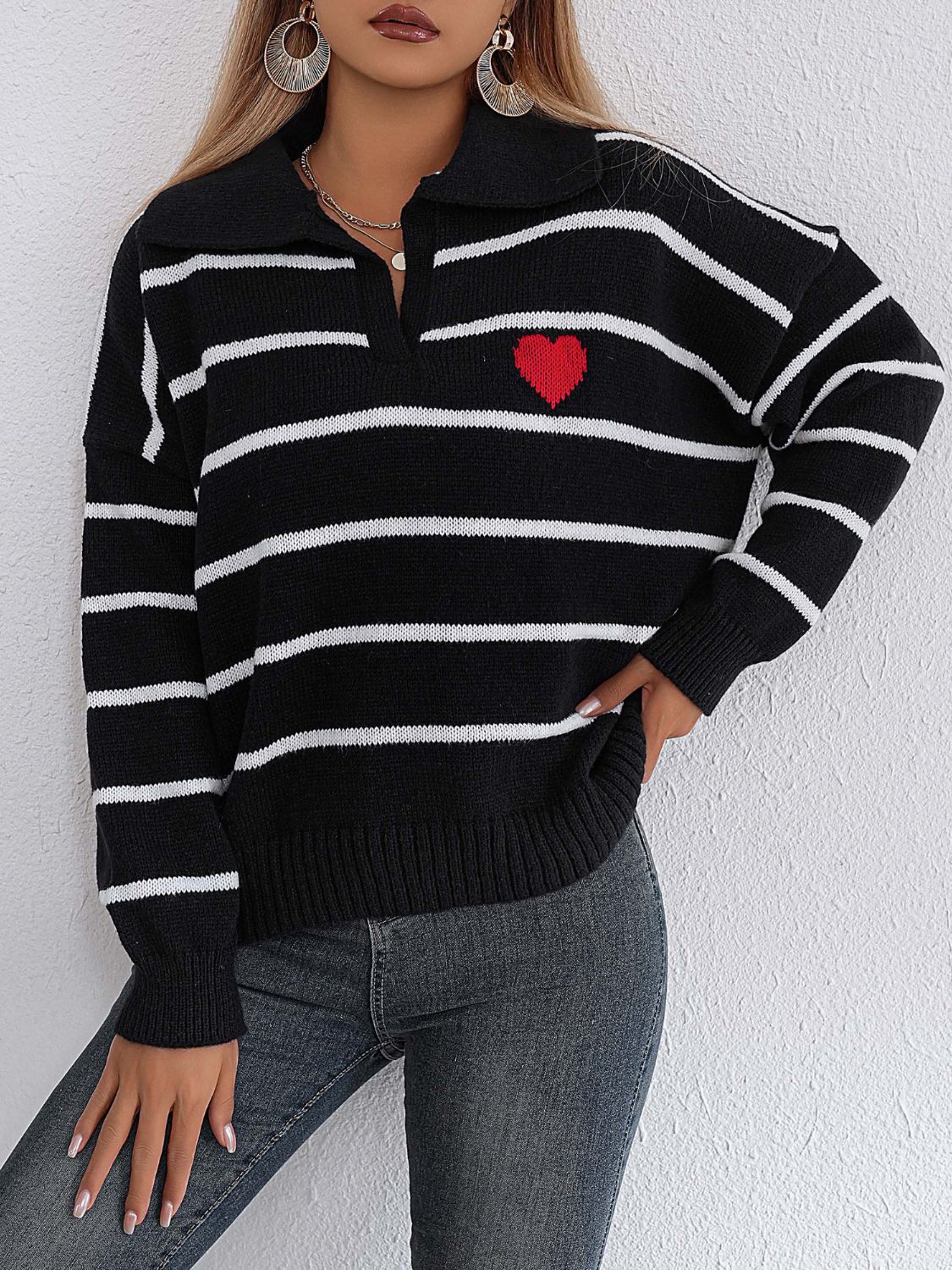 Heart Striped Johnny Collar Long Sleeve Sweater