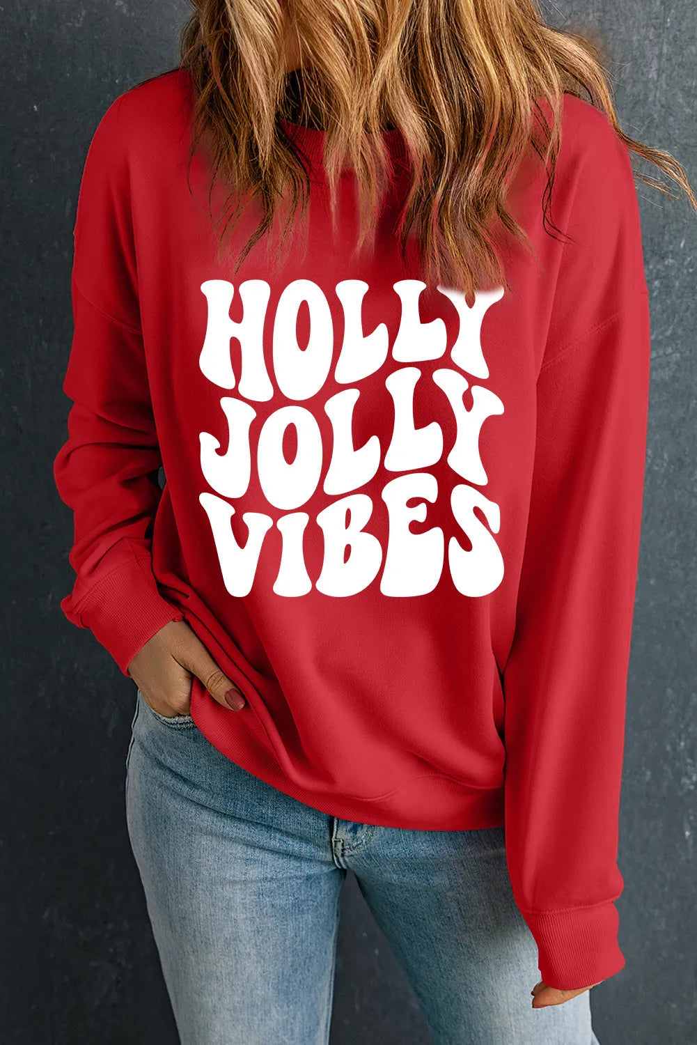 HOLLY JOLLY VIBES Letter Graphic Round Neck Long Sleeve Sweatshirt