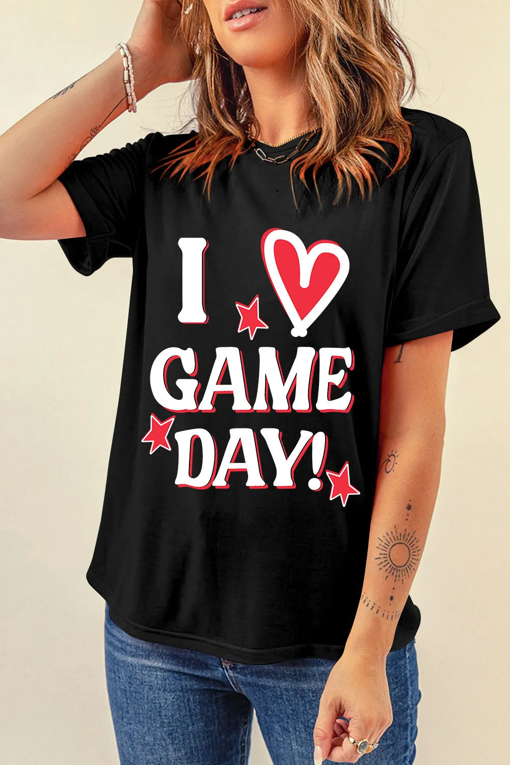 I 💗 GAME DAY Letter Graphic Round Neck Short Sleeve T-Shirt