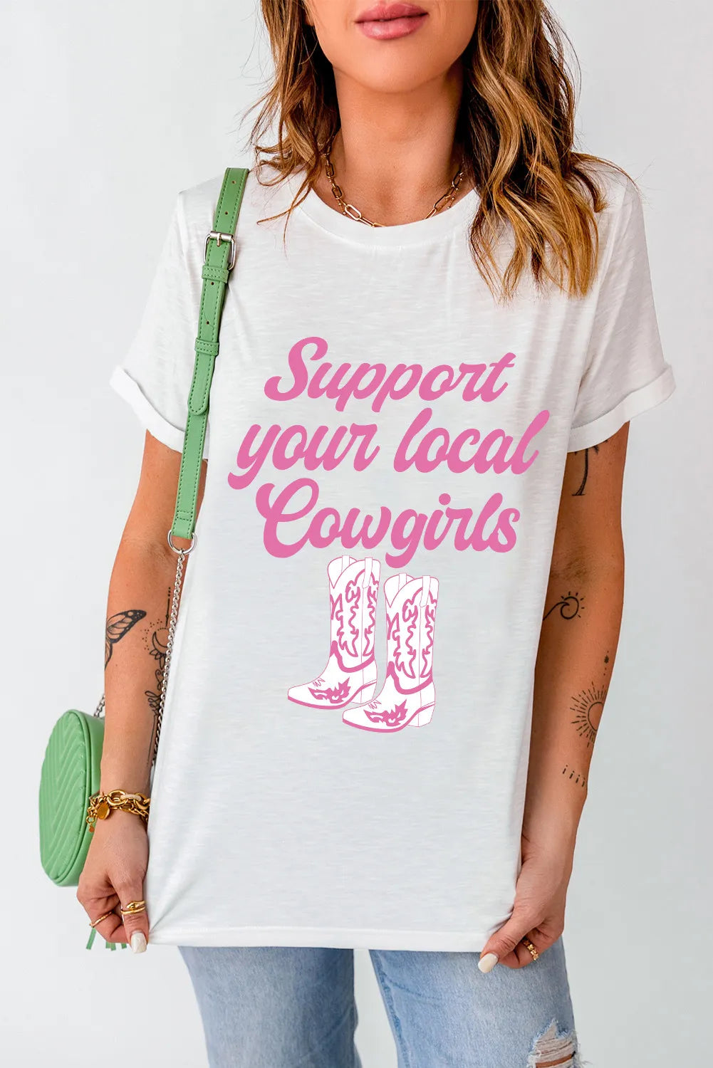 SUPPORT YOUR LOCAL COWGIRLS Letter Graphic Round Neck Short Sleeve T-Shirt