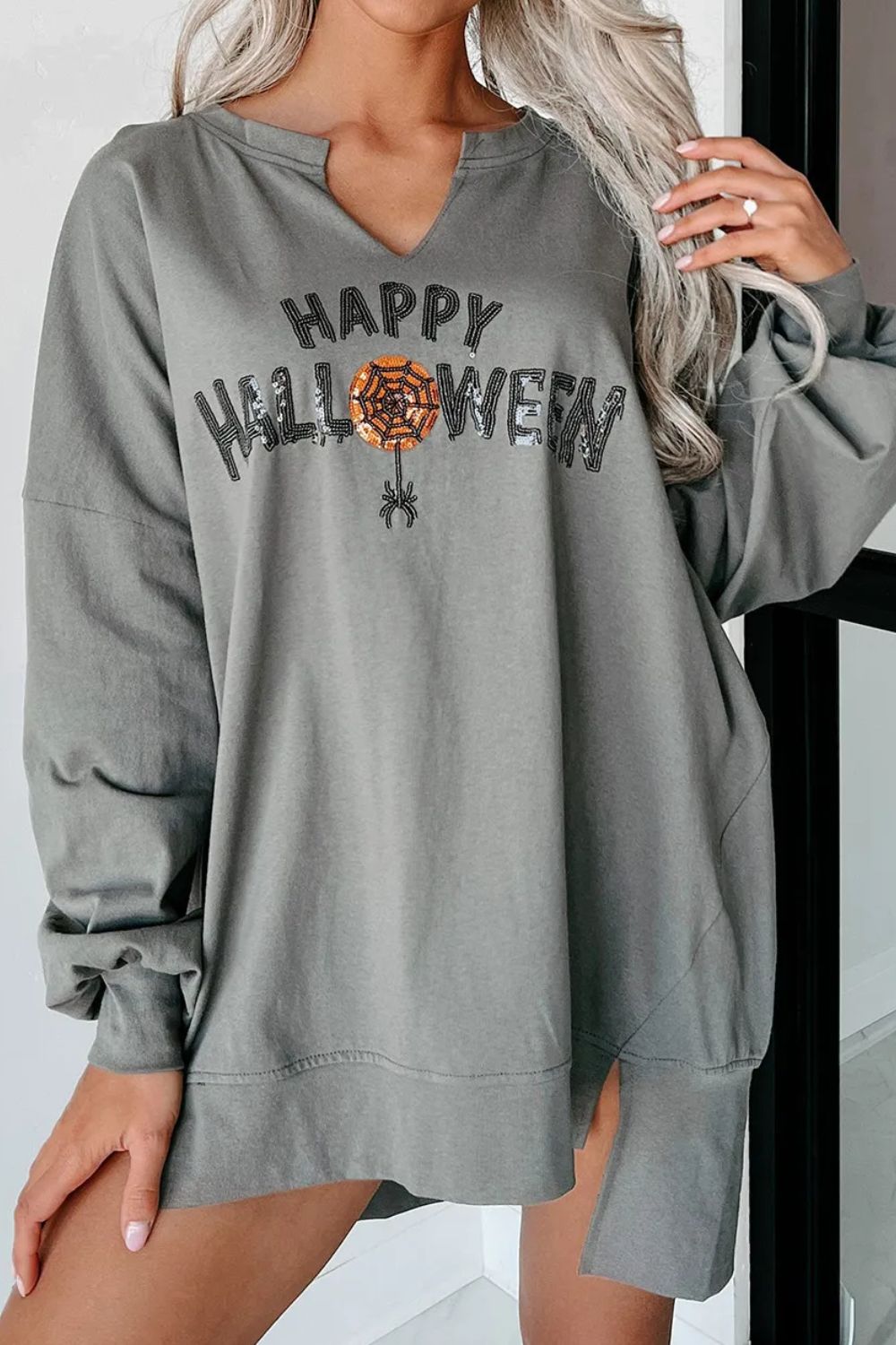 HAPPY HALLOWEEN Sequin Letter Graphic Notched Long Sleeve Sweatshirt