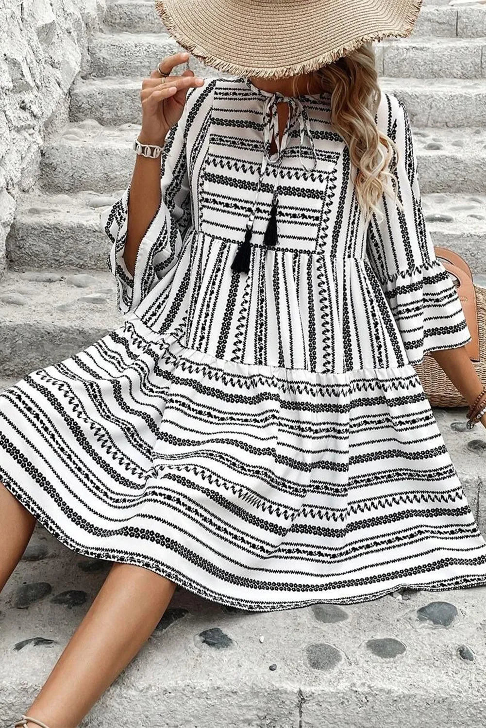 Printed Tie Neck Three-Quarter Sleeve Mini Dress