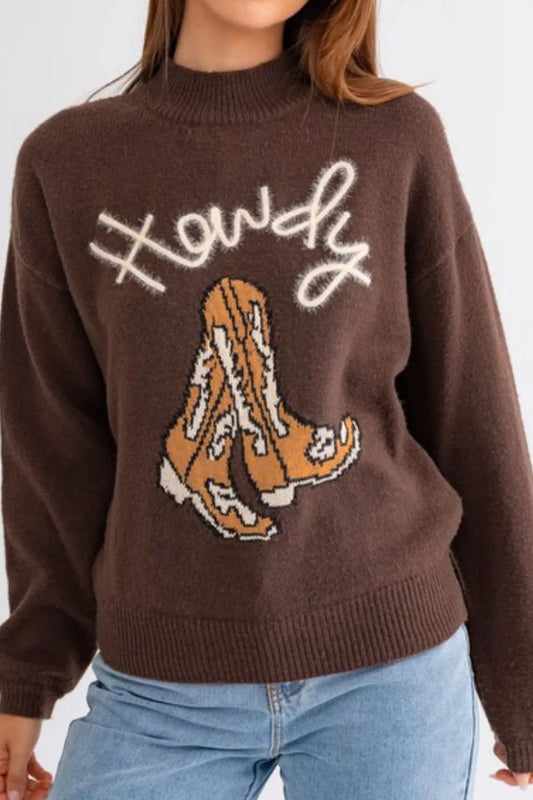 HOWDY Boot Mock Neck Long Sleeve Sweater