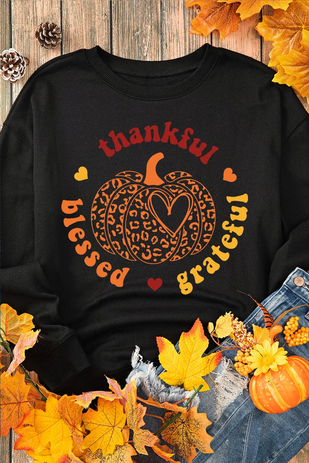 THANKFUL GRATEFUL BLESSED Pumpkin Graphic Long Sleeve Sweatshirt