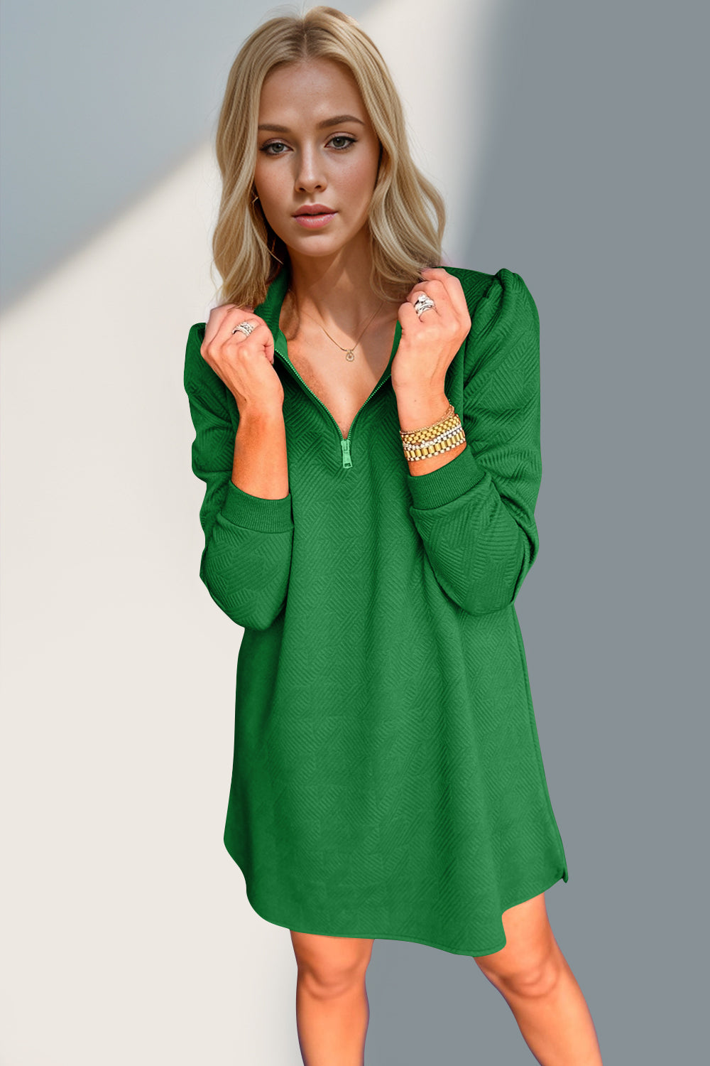 Double Take Textured Quarter Zip Long Sleeve Dress